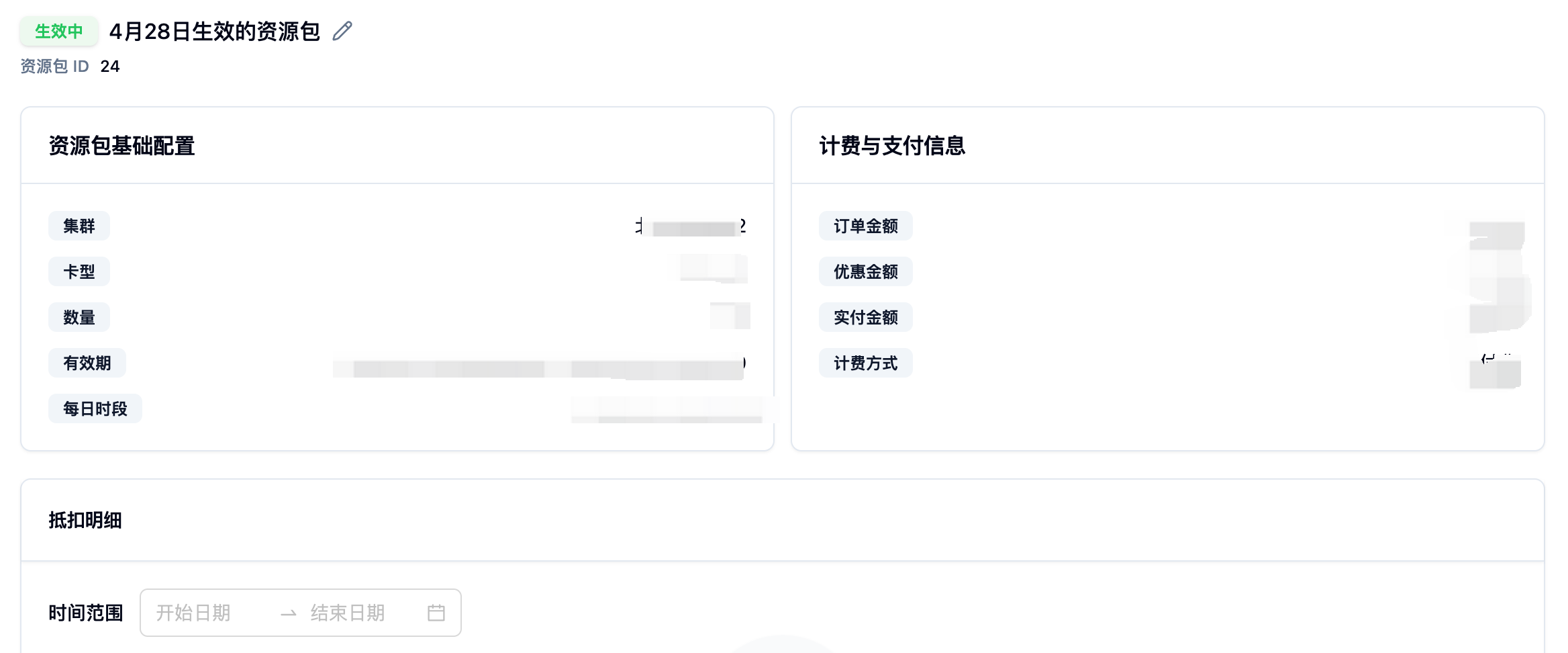 预留资源包详情页,包含基础配置、计费支付和抵扣明细