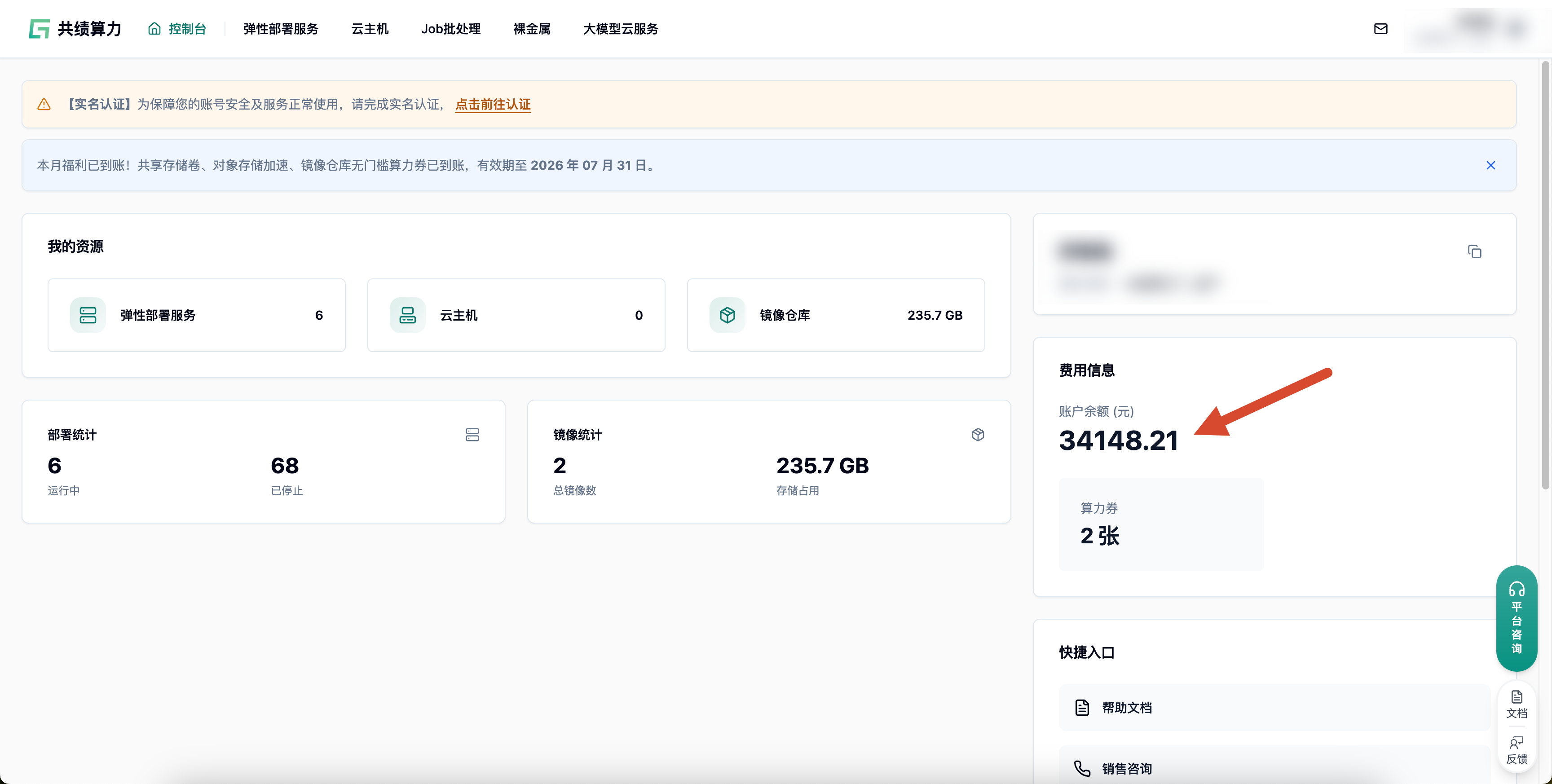 控制台费用信息栏显示账户余额已到账